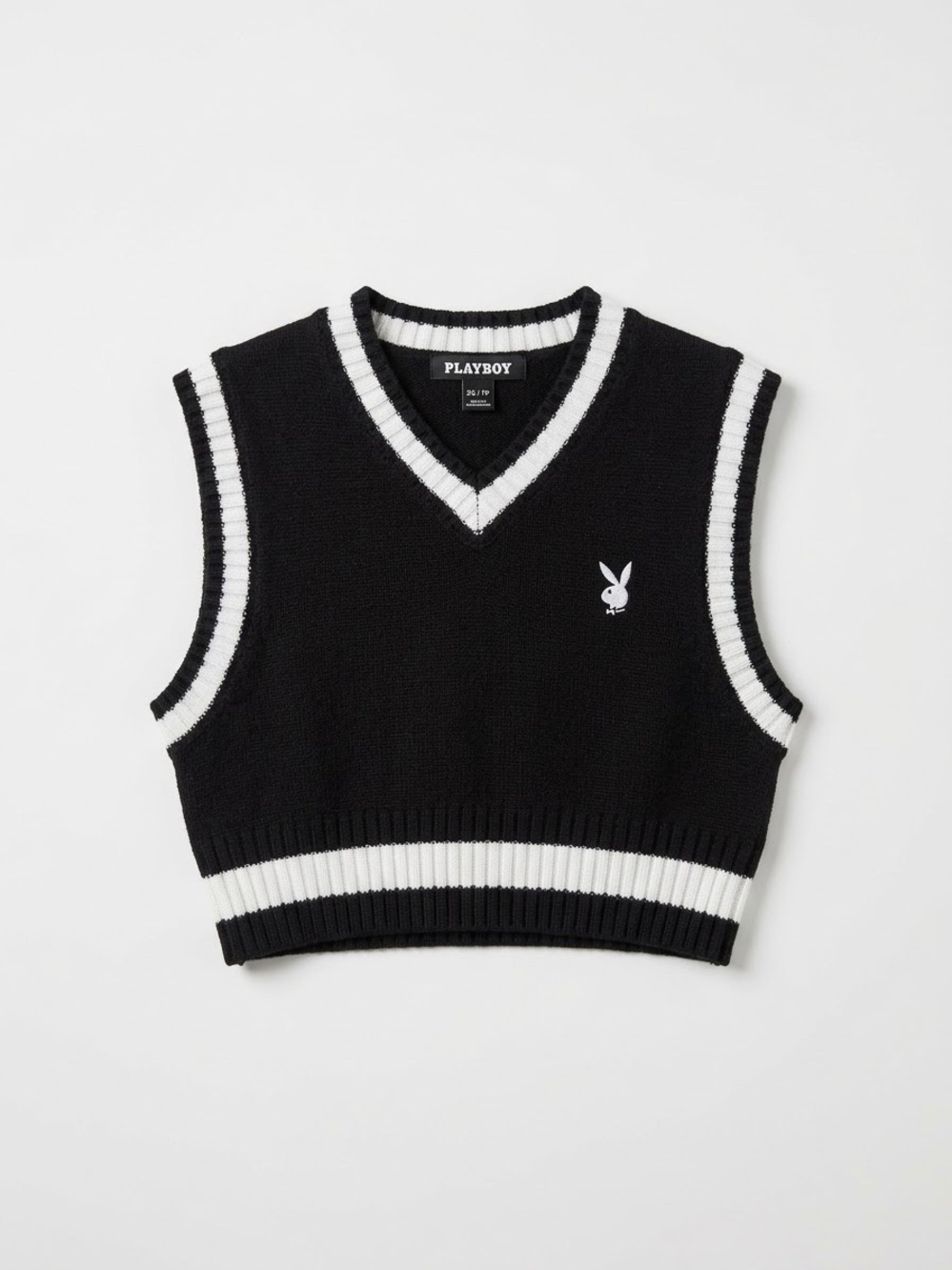 PLAYBOY Black & White Cropped V-Neck Knit Vest